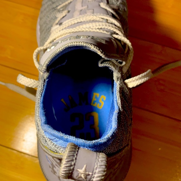 Grey blue and gold Nike LeBron basketball shoes main image 3